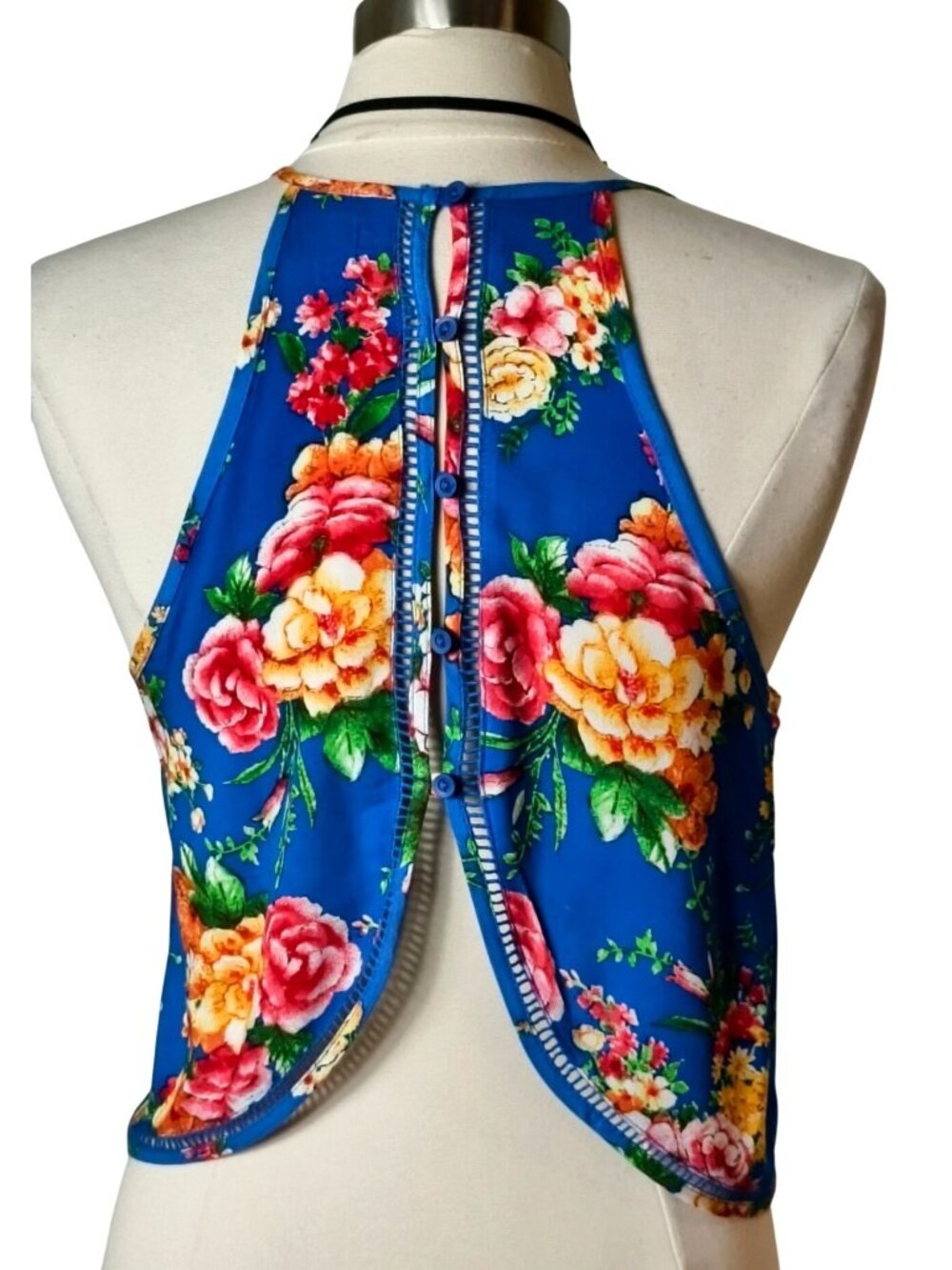 Womens Chic M Crop Y2K Floral Blue Button Back Open Cool Girl Festive Timing